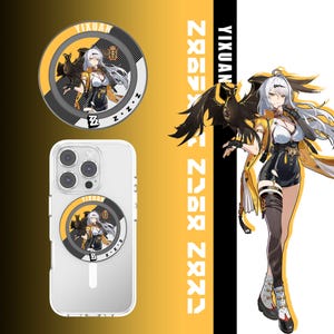 May include: Clear phone case with a pop socket featuring a character illustration. The pop socket and the illustration on the case have a yellow, black, and white color scheme. The image also includes a character illustration with the text "Yixuan".