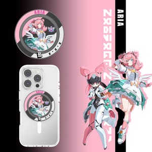 May include: A pink and black phone grip with the word "ARIA" and a cartoon illustration of a character with pink hair. The phone grip is attached to a clear phone case. The image also features a larger illustration of the same character.