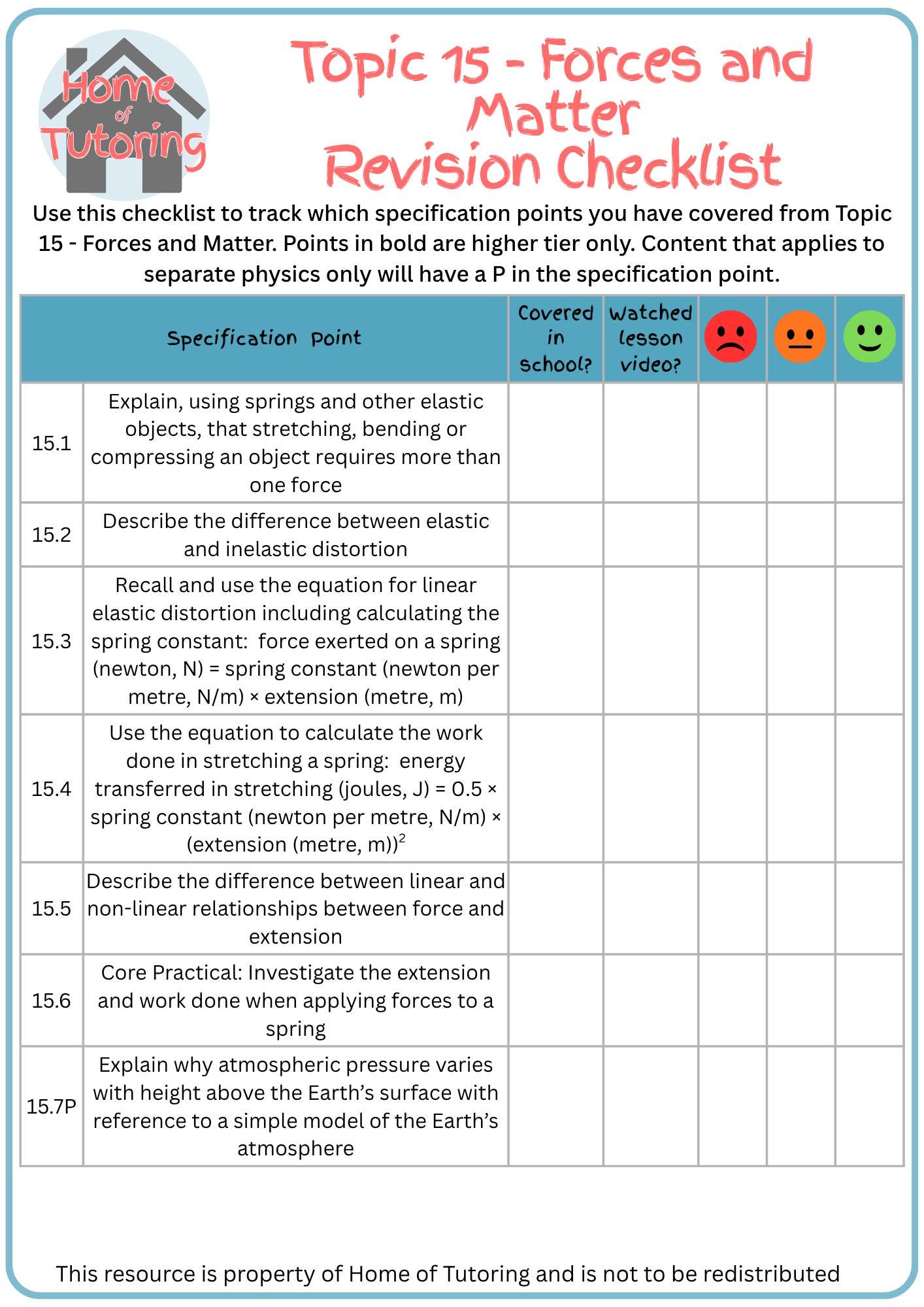 GCSE Physics Printable Revision Checklist | Topic 15 - Forces and Matter - Etsy