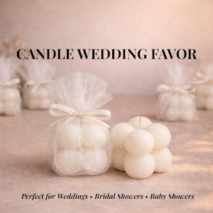 May include: Several white bubble candles are shown, some in sheer bags tied with ribbons. The text "CANDLE WEDDING FAVOR" is at the top. The bottom text reads "Perfect for Weddings • Bridal Showers • Baby Showers."