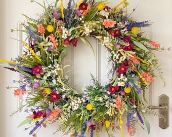 Boho Wildflower Wreath, Spring Summer Farmhouse Door Decor, Artificial Floral Wall Hanging, Housewarming Gift