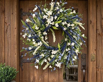 24 Inch Blue and White Spring Wreath – Wildflower Lavender Farmhouse Door Decor