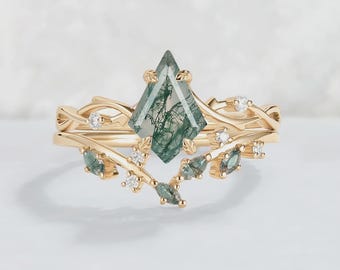 Kite Cut Moss Agate Engagement Ring Set, Leaf Vine Moissanite Wedding Band, Silver Bridal