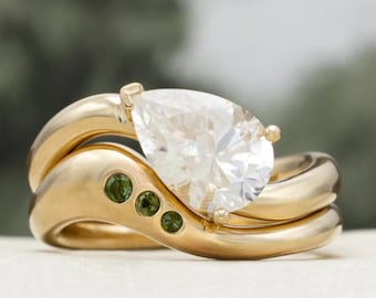 Pear Cut Moissanite Engagement Ring, Green Tourmaline Wedding Band, Sterling Silver Set