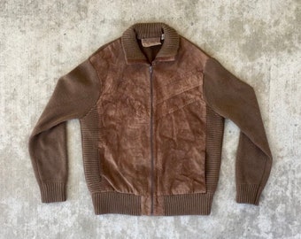 Preppy Pigskin -- Vintage VanCort brown leather and woven acrylic jacket -- Made in Taiwan