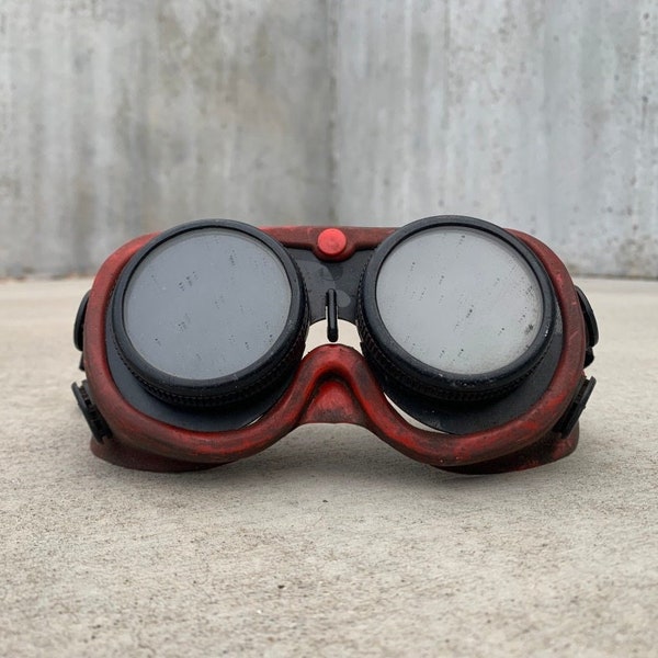 Agog -- Vintage set of red rubber goggles with dark glass lenses