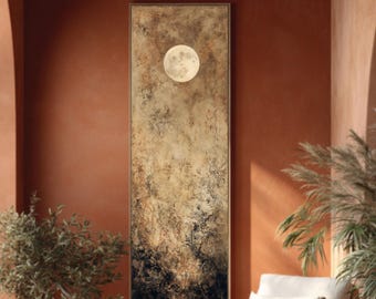 Lienzo texturizado con diseño de luna llena - Decoración de pared Japandi Wabi-Sabi - Impresión lunar minimalista con tonos tierra