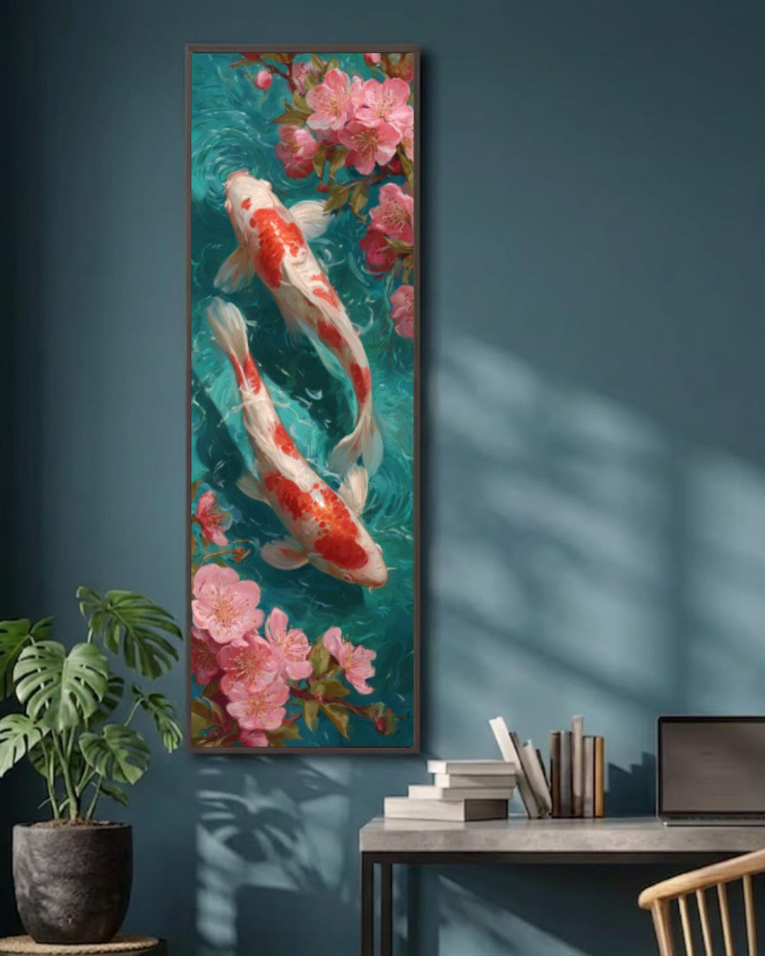Japandi Koi Fish Pond Canvas Art | Pink Lotus, Teal Water Wall Decor ...