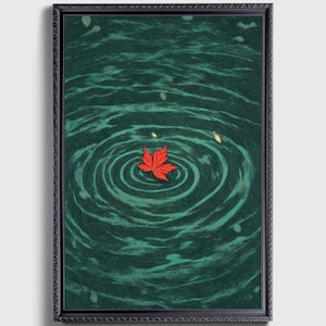 Japandi Red Maple Leaf Water Ripple Poster, Zen Minimalist Fall Art, Dark Teal Nature
