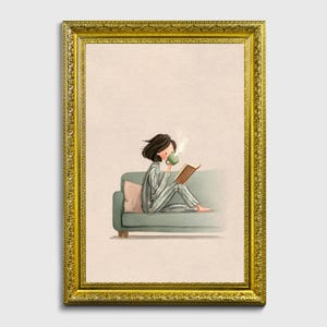 Japandi Girl Reading, Cozy Hygge Home Decor, Minimalist Woman on Sofa, Book Lover Poster