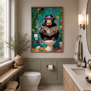 Funny Bathroom Art Monkey Toilet Print, Toilet Humor Decor, Quirky Bathroom Art, Tropical Bathroom Printable Wall Art, Digital Wall Art