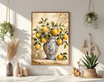 Decoración de pared estilo chinoiserie con limones, lámina para cocina mediterránea, jarrón azul imprimible