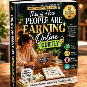 以下が含まれることがあります： 「This is How People Are Earning Online Quietly」というタイトルの本の表紙。表紙には、ラップトップで作業する女性、お金、そして「Work Anytime Anywhere」というテキストが描かれています。この本は秘密を解き明かし、あなたの人生を変えることを約束します。