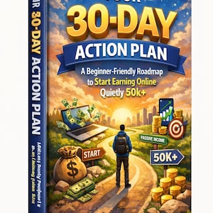 以下が含まれることがあります： 「Your 30-Day Action Plan」というタイトルの本の表紙。表紙には、お金、ラップトップ、スマートフォンなどのイラストとともに、都市に向かって小道を歩く人物が描かれています。テキストは「A Beginner-Friendly Roadmap to Start Earning Online Quietly 50k+」と書かれています。