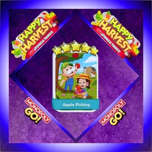 May include: A digital game card titled Apple Picking featuring a cartoon character with a mustache and a character in a straw hat harvesting red apples from a tree. The card displays five yellow stars at the top and the text Happy Harvest with Looney Tunes and Monopoly Go.