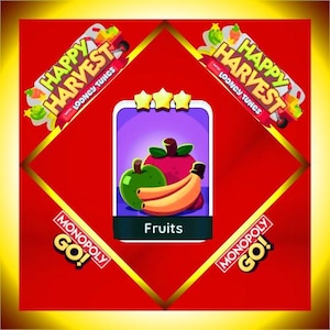 May include: A rectangular game card featuring a purple background with a green apple, a red apple, and yellow bananas. The card displays three yellow stars at the top and the word Fruits at the bottom. The background includes Happy Harvest with Looney Tunes and Monopoly Go logos.