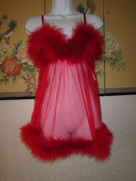 Frederick's of Hollywood Red Sheer Furry Baby Doll