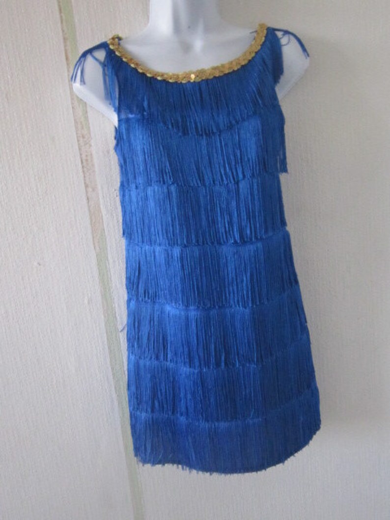 Vintage Royal Blue Shimmy Dress with Gold Sequin Neckline