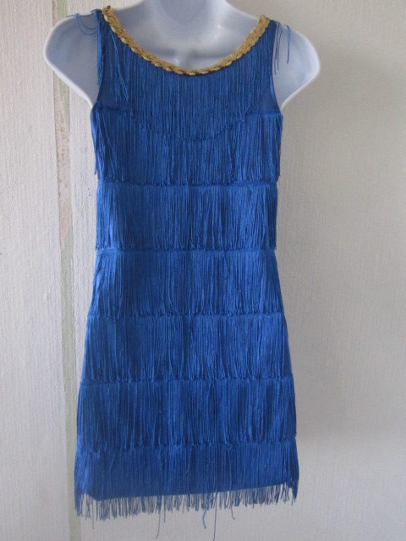 Vintage Royal Blue Shimmy Dress with Gold Sequin Neckline