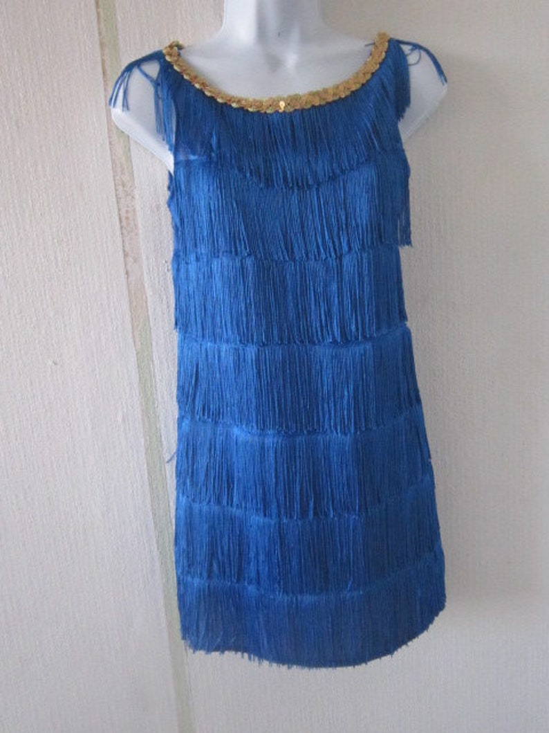 Vintage Royal Blue Shimmy Dress with Gold Sequin Neckline