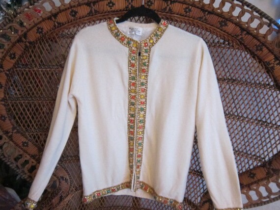 Beautiful Beaded Cream colored Cashmere Cardigan