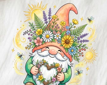 Glücklicher Gnom T-Shirt Design PNG, Frühling Gnom SVG, Gartenzwerg Clipart, Blumenzwerg Sublimation, Aquarell Gnom Digitaler Download