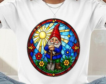 Glasmalerei-Zwerg-T-Shirt Design PNG, Gartenzwerg-Kunst, wunderliche Fantasie, digitaler Download, glücklicher Gnom, Cottagecore, Sublimationsdruck