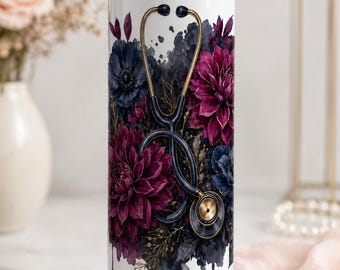 Floral Stethoskop Tumbler Wrap PNG | Nurse Sublimation Design 20 Unzen Skinny Tumbler | Stimmungsvolle Burgund Marine medizinische Kunst digitaler Download