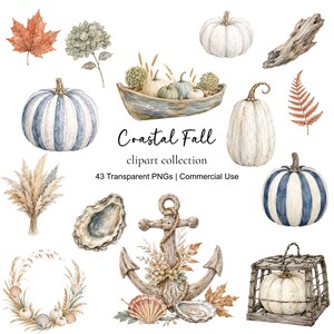 May include: A digital collection of watercolour illustrations featuring pumpkins with blue and white stripes, white pumpkins, a wooden boat, an anchor, seashells, dried grasses, autumn leaves, and a wooden crate with the text Coastal Fall clipart collection.