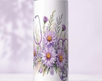 September Geburtsblume Stethoskop Tumbler Wrap PNG, Aster Nurse Sublimation, 20 Unze Skinny Tumbler Design, Krankenschwester Geburtstagsgeschenk