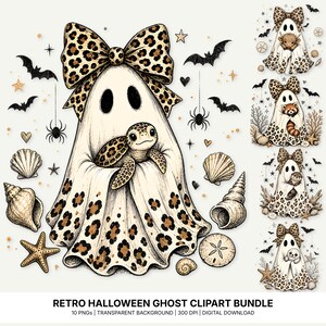 May include: A digital illustration set featuring ghosts wearing leopard print bows and patterns, holding various animals including a sea turtle, highland cow, red panda, otter, and seal, surrounded by bats, spiders, starfish, and seashells.