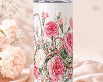 Januar Geburtsblume Krankenschwester Tumbler Wrap PNG, Nelke Stethoskop Sublimationsdesign, 20 Unze Skinny Tumbler Wrap, Krankenschwester Geburtstagsgeschenk