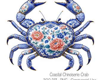 Set von 8 Küsten Chinoiserie Tiere PNG Bundle, Blaue und weiße Porzellan Meerestiere Sublimation Designs, Strand Wand Kunst zum ausdrucken