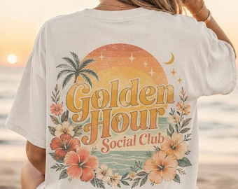 Goldene Stunde Social Club T-Shirt PNG, Retro Strand-Sonnenuntergang-Design, Tropischer Urlaub PNG, Sommer Vibe Sublimation, Surf Tee Digitaler Download