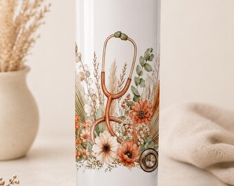 Boho Stethoskop Tumbler Wrap, Stethoskop Blumen PNG, 20 Unzen Skinny Tumble Sublimation Design, medizinisches Geschenk Krankenschwester Doktor Tech PNG