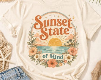 Sonnenuntergang Zustand des Geistes PNG, Tropisches Strand-T-Shirt Design, Retro-Sommerferien, Ozeanszenen-Sublimation PNG