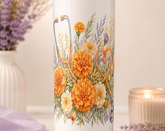 Oktober Geburtsblume Stethoskop Tumbler Wrap PNG, Ringelblumen Krankenschwester Sublimation, 20 Unze Skinny Tumbler Design, Krankenschwester Geburtstagsgeschenk