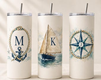 Küsten Aquarell Tumbler Wrap Bundle PNG | 20 Unzen 30 Unzen 40 Unzen Skinny Tumbler Sublimationsentwurf | Anker-Segelboot-Kompass-Monogramm