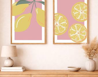 Set di 2 stampe artistiche da parete con limoni / Set di poster a colori personalizzati / Decorazioni agrumate per la cucina / Quadri da parete con frutta per il corridoio / Stile mediterraneo