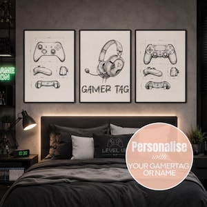 May include: Three framed wall art prints featuring black and white technical sketches of gaming controllers and a headset. The left and right prints show controller diagrams with dimensions, while the center print displays a headset and the text GAMER TAG.