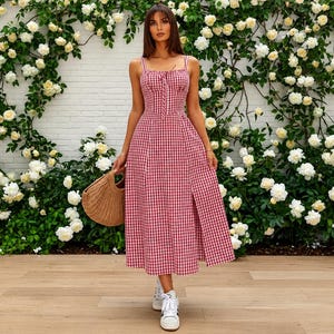 red plaid cami dress SHEIN EZwear Red Plaid Print Split Hem Cami Short Summer Going Out Dress