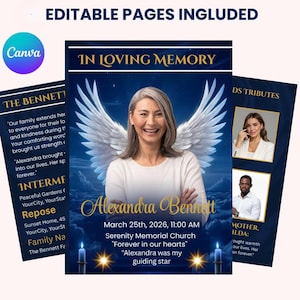Könnte beinhalten: Eine Gedenkvorlage mit dem Text "In Loving Memory" und "Alexandra Bennett". Das Design beinhaltet ein Foto einer Frau mit Engelsflügeln, Kerzen und zusätzlichem Text. Das Canva-Logo ist sichtbar.