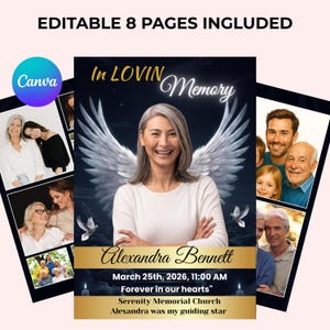 Könnte beinhalten: Eine Gedenkprogramm-Vorlage mit einem zentralen Porträt einer Person mit digitalen Engelsflügeln vor einem dunklen Himmel. Der Text umfasst In LOVIN Memory, Alexandra Bennett, March 25th, 2026, 11:00 AM, Forever in our hearts und Serenity Memorial Church.
