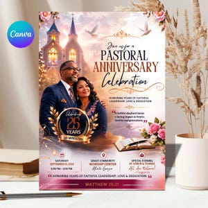Könnte beinhalten: Ein Flyer für eine pastorale Jubiläumsfeier mit einem Paar, einem Kirchengebäude, zwei weißen Tauben und rosa Rosen. Der Text enthält "Join us for a PASTORAL ANNIVERSARY Celebration", "Celebrating 25 YEARS OF MINISTRY" und Veranstaltungsdetails.