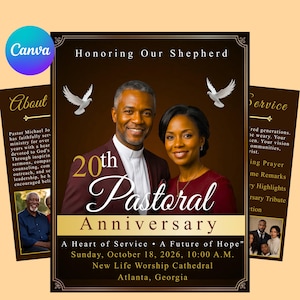 Könnte beinhalten: Ein Flyer zum 20. pastoralen Jubiläum mit einem Porträt eines Paares, zwei weißen Tauben und Text, darunter Honoring Our Shepherd, A Heart of Service, A Future of Hope, Sunday, October 18, 2026, 10:00 A.M., New Life Worship Cathedral.