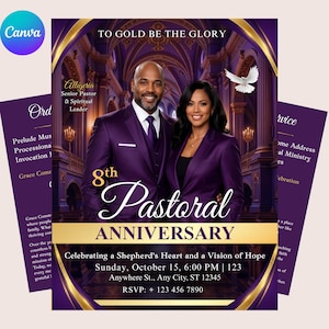 May include: A flyer for an 8th Pastoral Anniversary featuring a man and woman in purple suits against a church interior background. Text includes TO GOLD BE THE GLORY, 8th Pastoral ANNIVERSARY, and event details for Sunday, October 15 at 6:00 PM.
