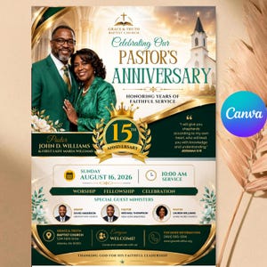 Könnte beinhalten: Ein Flyer für das 15-jährige Jubiläum der Grace & Truth Baptist Church mit einem Foto eines Pastors und seiner Frau, einer goldenen Krone, einem Kirchengebäude, dem Datum 16. August 2026 um 10:00 Uhr und Gastrednerdetails.