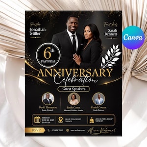 Könnte beinhalten: Ein schwarz-goldener Flyer zur Jubiläumsfeier mit einem Foto eines Mannes und einer Frau sowie Texten wie Pastor Jonathan Miller, First Lady Sarah Bennett, 6th Pastoral Anniversary Celebration, Guest Speakers und Veranstaltungsdetails für den 22. Juni 2025.