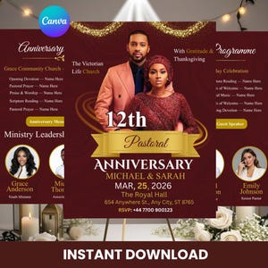 Könnte beinhalten: Eine maroon- und goldfarbene Jubiläumsankündigung mit einem Foto eines Paares. Der Text lautet "12. Pastoral Anniversary" mit Veranstaltungsdetails. Enthält Namen, Datum, Ort und RSVP-Informationen. Mit Canva-Logo und Text "Sofort-Download".