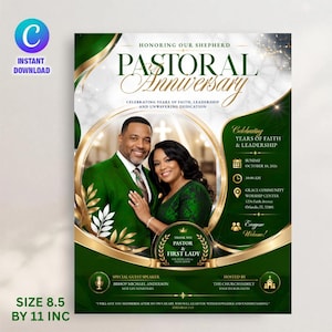 Könnte beinhalten: Eine Flyer-Vorlage für ein pastorales Jubiläum mit einem Mann im grünen Anzug und einer Frau im grünen Kleid. Der Text lautet Honoring Our Shepherd Pastoral Anniversary, Celebrating Years of Faith, Leadership and Unwavering Dedication.